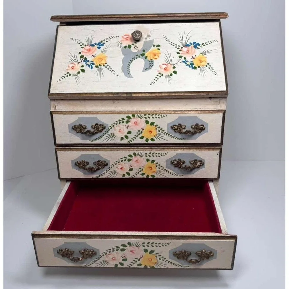VTG Andrea by Sadek hand-painted wooden‎ jewelry music box cream floral design